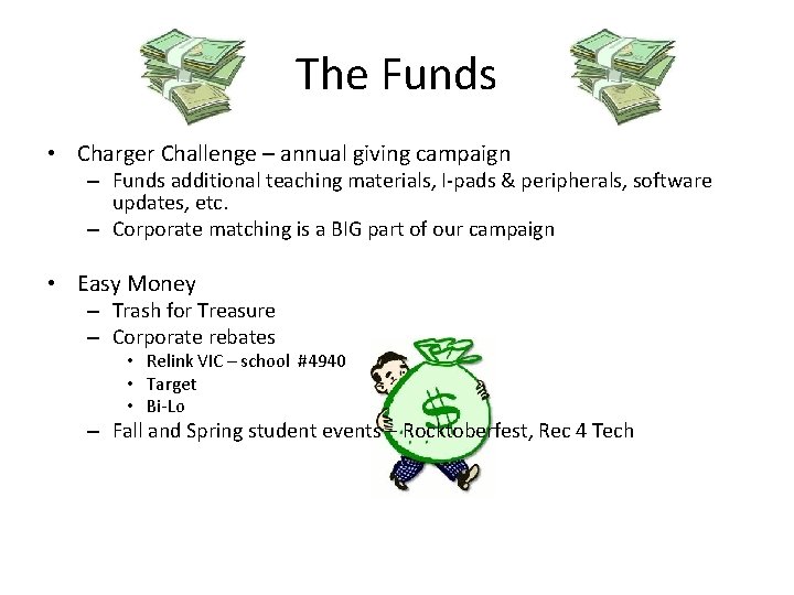 The Funds • Charger Challenge – annual giving campaign – Funds additional teaching materials,