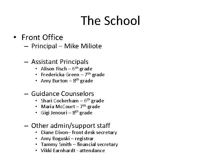The School • Front Office – Principal – Mike Miliote – Assistant Principals •