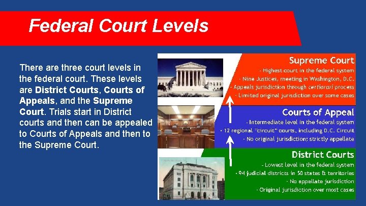 Federal Court Levels There are three court levels in the federal court. These levels