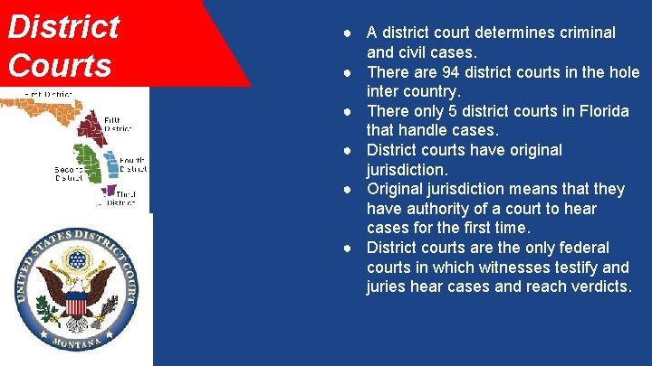 District Courts ● A district court determines criminal and civil cases. ● There are