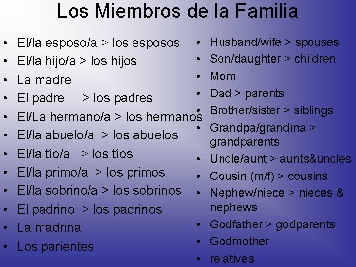 Los Miembros de la Familia • • • El/la esposo/a > los esposos •