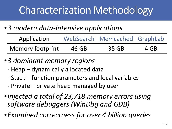 Characterization Methodology • 3 modern data-intensive applications Application Web. Search Memcached Graph. Lab Memory