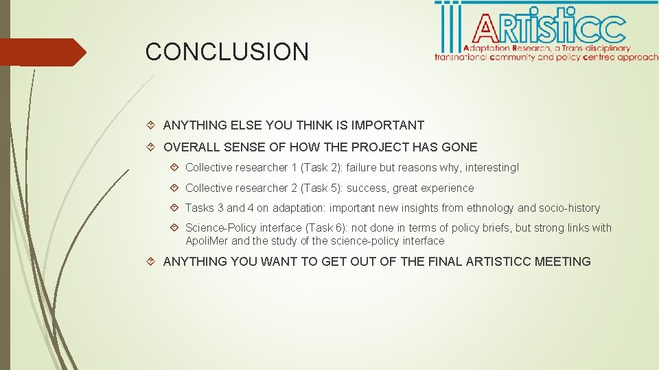 CONCLUSION ANYTHING ELSE YOU THINK IS IMPORTANT OVERALL SENSE OF HOW THE PROJECT HAS