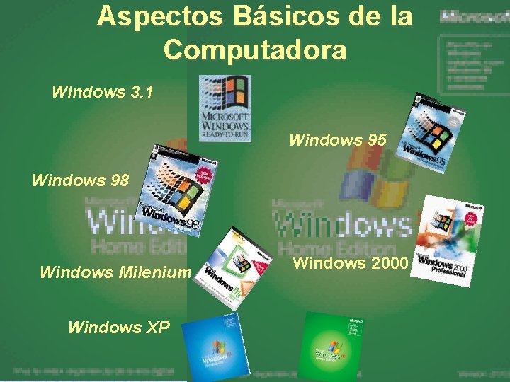 Aspectos Básicos de la Computadora Windows 3. 1 Windows 95 Windows 98 Windows Milenium