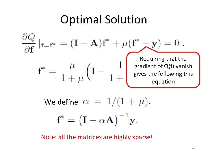 Optimal Solution Requiring that the gradient of Q(f) vanish gives the following this equation