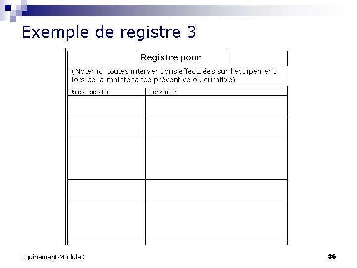 Exemple de registre 3 Registre pour (Noter ici toutes interventions effectuées sur l’équipement lors