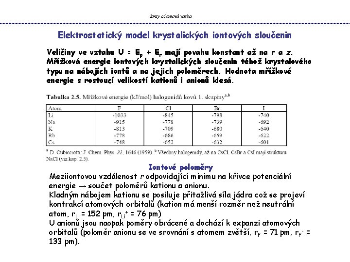 Ionty a iontová vazba Elektrostatický model krystalických iontových sloučenin Veličiny ve vztahu U =