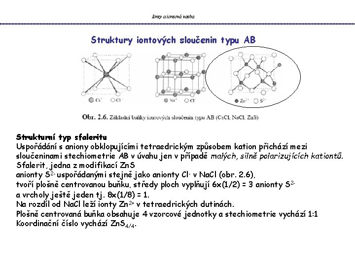 Ionty a iontová vazba Struktury iontových sloučenin typu AB Strukturní typ sfaleritu Uspořádání s