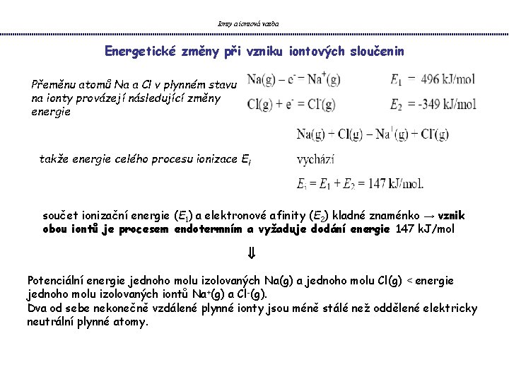 Ionty a iontová vazba Energetické změny při vzniku iontových sloučenin Přeměnu atomů Na a