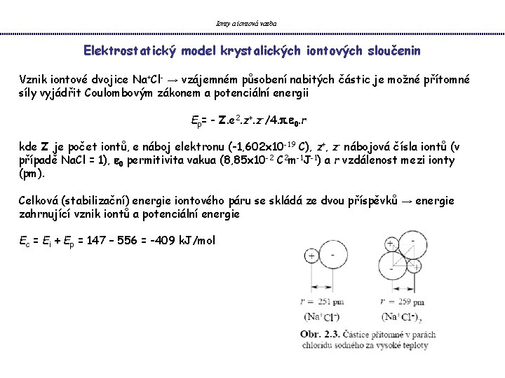 Ionty a iontová vazba Elektrostatický model krystalických iontových sloučenin Vznik iontové dvojice Na+Cl- →