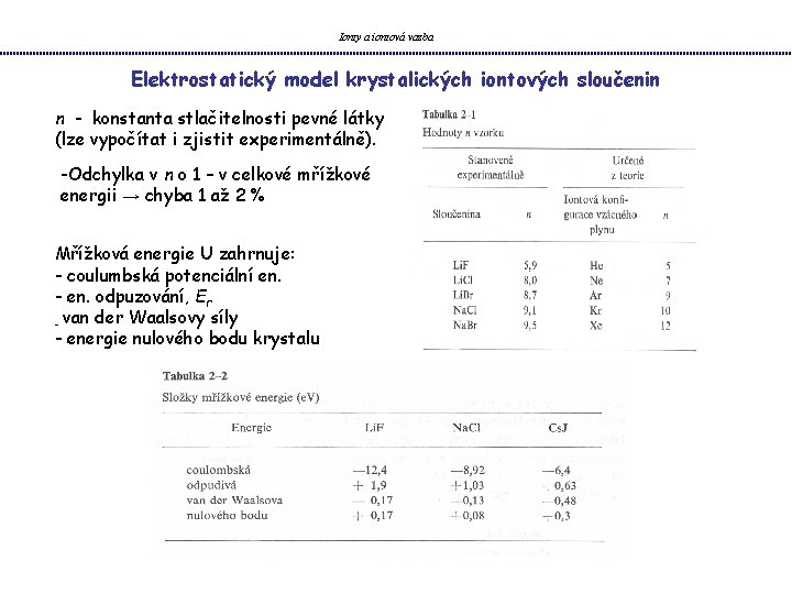 Ionty a iontová vazba Elektrostatický model krystalických iontových sloučenin n - konstanta stlačitelnosti pevné