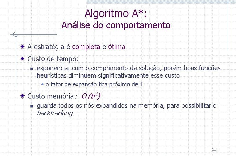 Algoritmo A*: Análise do comportamento A estratégia é completa e ótima Custo de tempo: