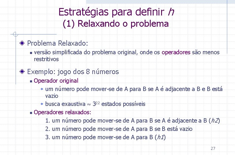 Estratégias para definir h (1) Relaxando o problema Problema Relaxado: n versão simplificada do