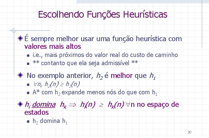 Escolhendo Funções Heurísticas É sempre melhor usar uma função heurística com valores mais altos