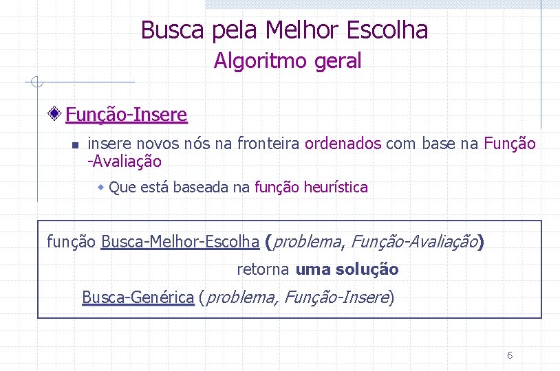 Busca pela Melhor Escolha Algoritmo geral Função-Insere n insere novos nós na fronteira ordenados