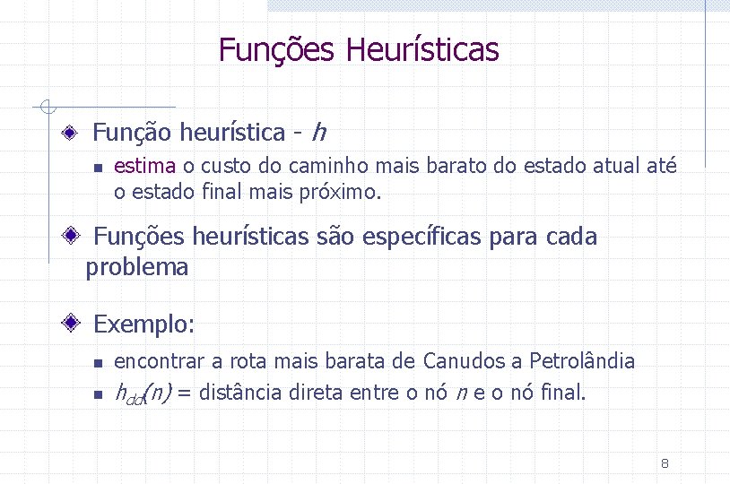 Funções Heurísticas Função heurística - h n estima o custo do caminho mais barato