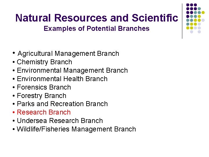 Natural Resources and Scientific Examples of Potential Branches • Agricultural Management Branch • Chemistry
