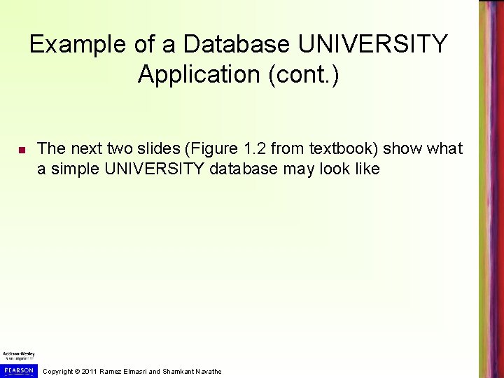 Example of a Database UNIVERSITY Application (cont. ) The next two slides (Figure 1.