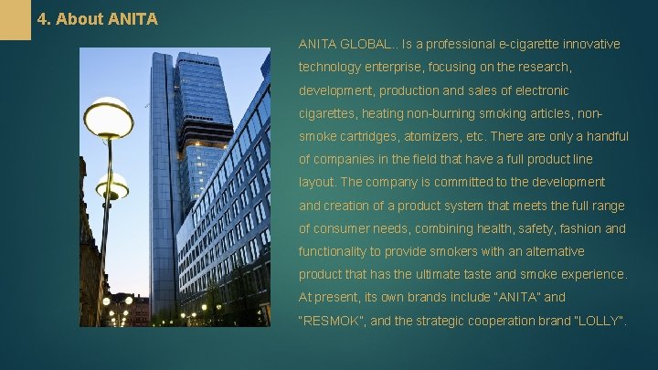 4. About ANITA GLOBAL. . Is a professional e-cigarette innovative technology enterprise, focusing on