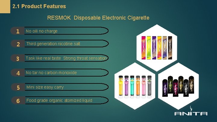 2. 1 Product Features RESMOK Disposable Electronic Cigarette 1 No oili no charge 2