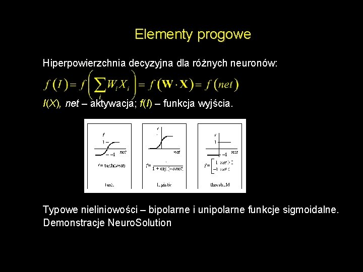 Elementy progowe Hiperpowierzchnia decyzyjna dla różnych neuronów: I(X), net – aktywacja; f(I) – funkcja