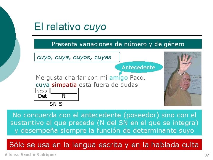 El relativo cuyo Presenta variaciones de número y de género cuyo, cuya, cuyos, cuyas