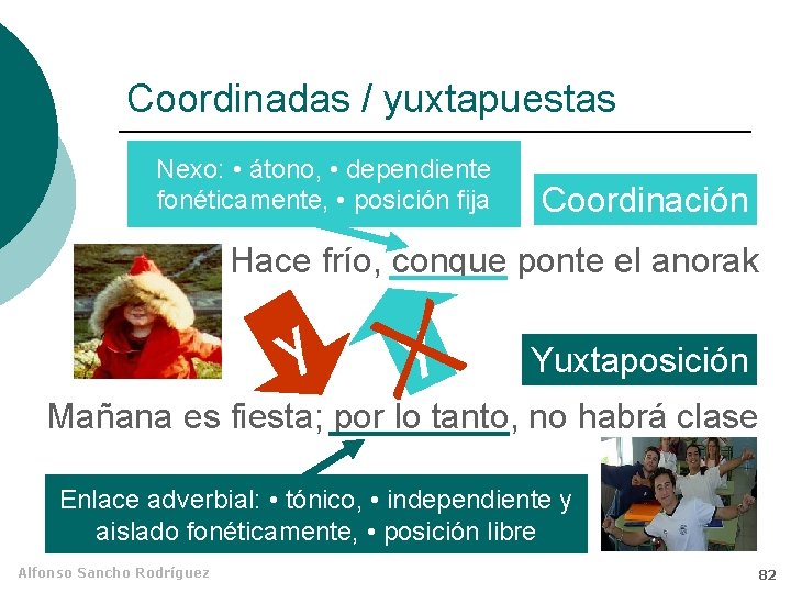 Coordinadas / yuxtapuestas Nexo: • átono, • dependiente fonéticamente, • posición fija Coordinación Hace