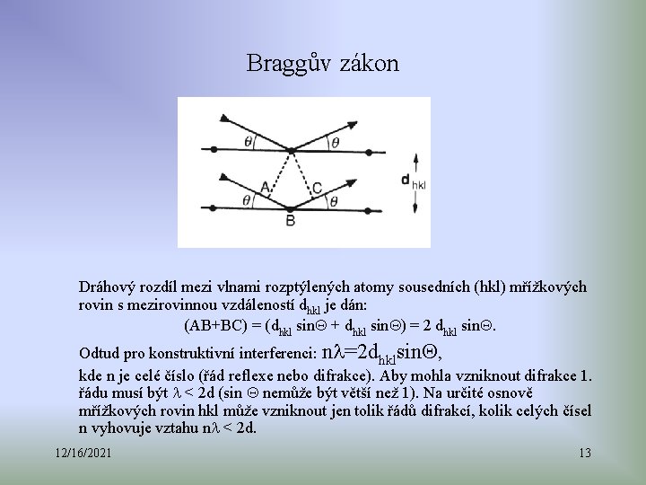 Braggův zákon Dráhový rozdíl mezi vlnami rozptýlených atomy sousedních (hkl) mřížkových rovin s mezirovinnou