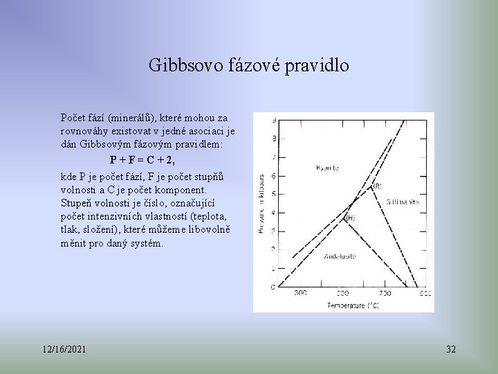 Gibbsovo fázové pravidlo Počet fází (minerálů), které mohou za rovnováhy existovat v jedné asociaci