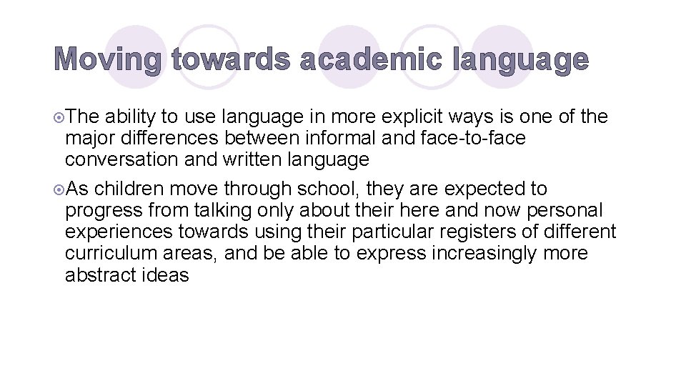 Moving towards academic language ¤The ability to use language in more explicit ways is