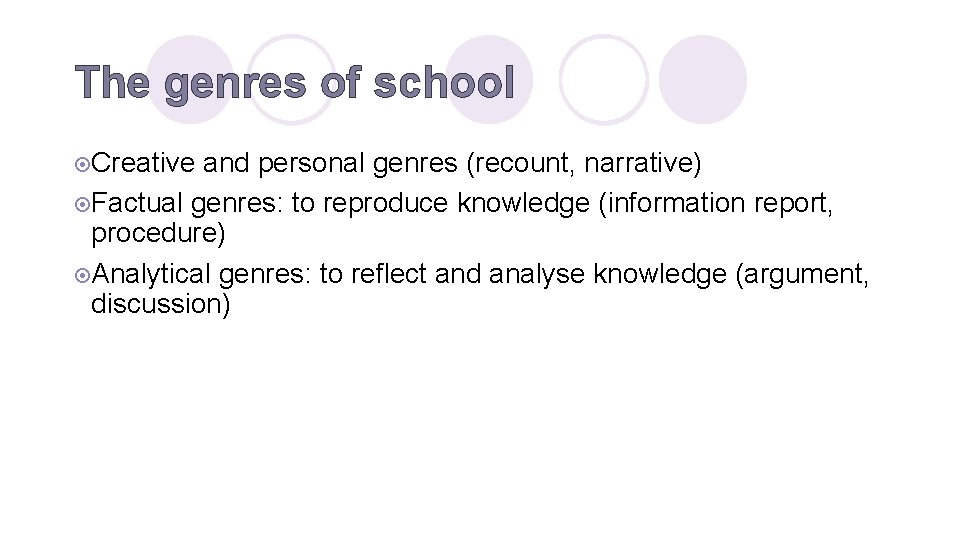 The genres of school ¤Creative and personal genres (recount, narrative) ¤Factual genres: to reproduce