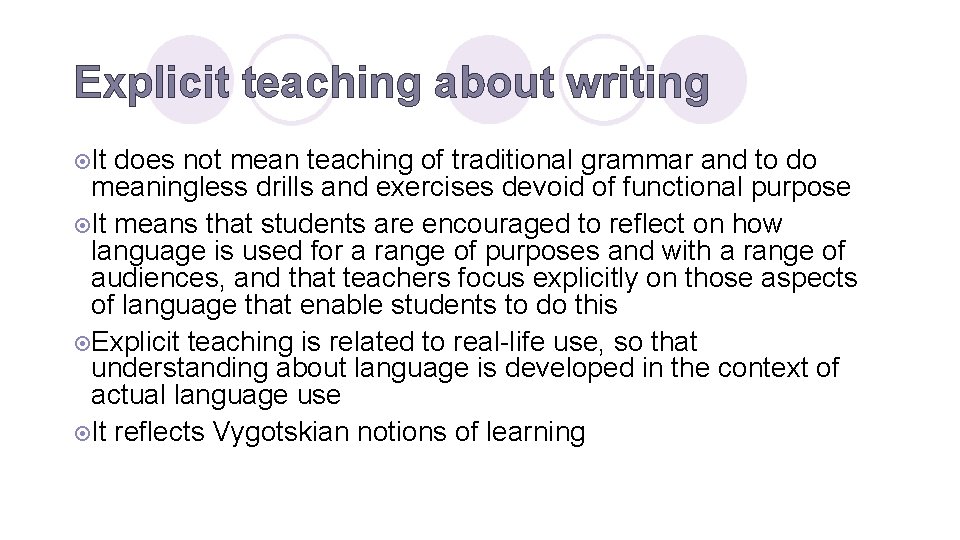 Explicit teaching about writing ¤It does not mean teaching of traditional grammar and to