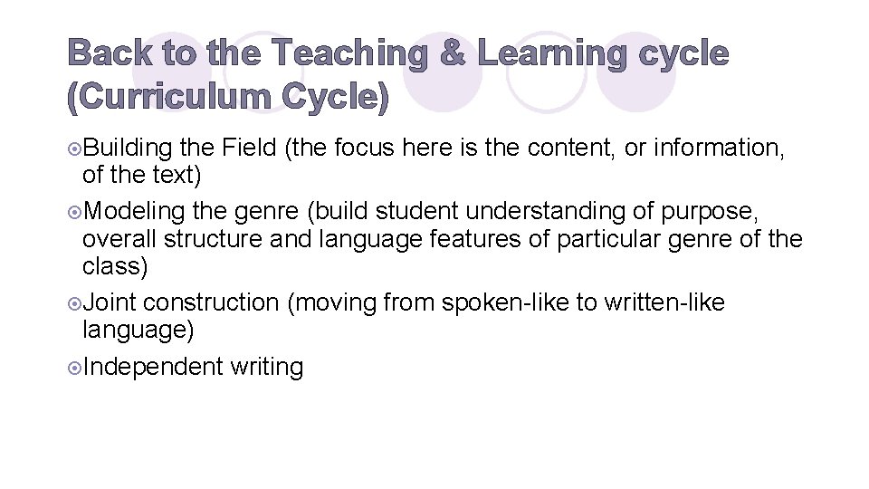 Back to the Teaching & Learning cycle (Curriculum Cycle) ¤Building the Field (the focus
