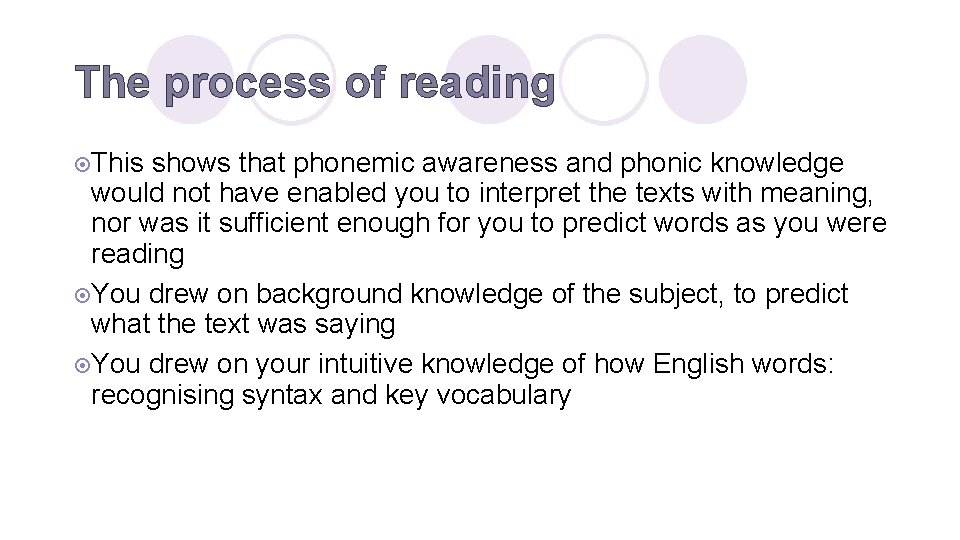 The process of reading ¤This shows that phonemic awareness and phonic knowledge would not