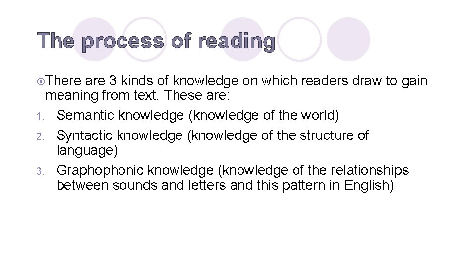 The process of reading ¤There are 3 kinds of knowledge on which readers draw