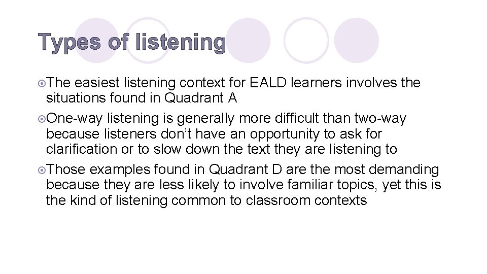 Types of listening ¤The easiest listening context for EALD learners involves the situations found