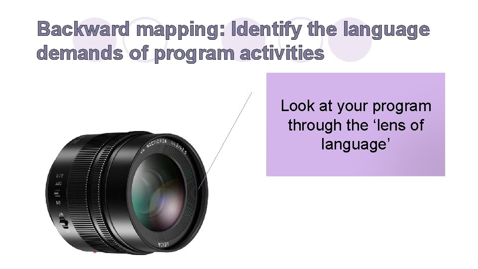 Backward mapping: Identify the language demands of program activities Look at your program through