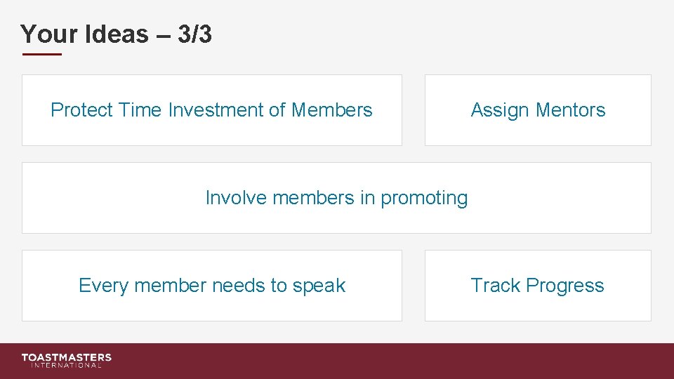 Your Ideas – 3/3 Protect Time Investment of Members Assign Mentors Involve members in