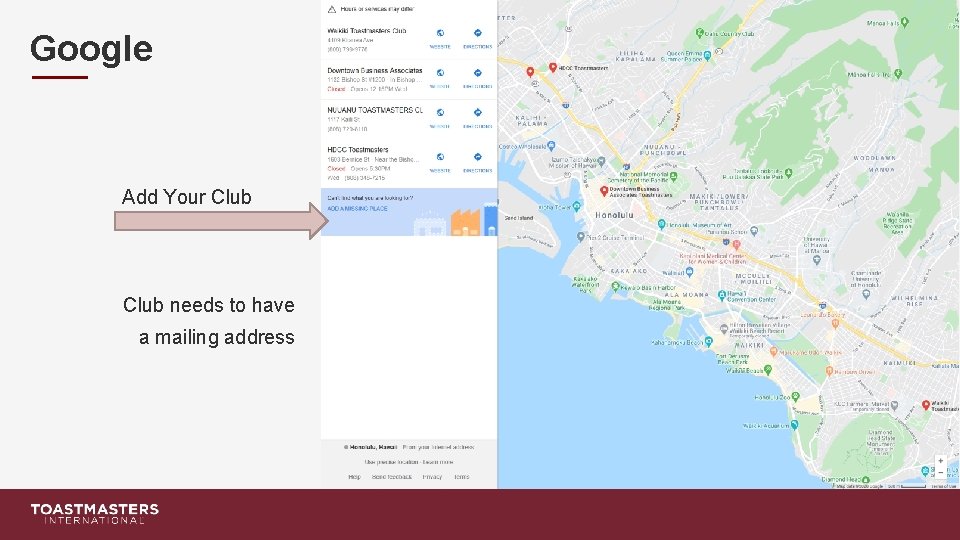 Google Add Your Club needs to have a mailing address 