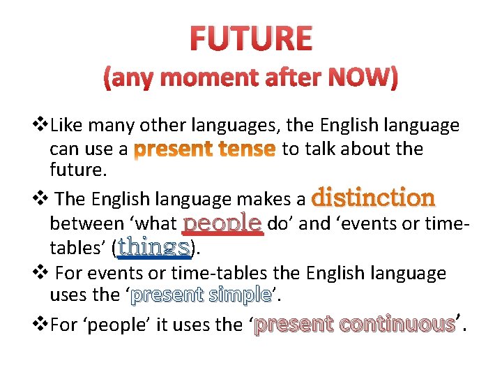 FUTURE (any moment after NOW) v. Like many other languages, the English language can