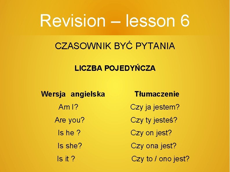 Revision – lesson 6 CZASOWNIK BYĆ PYTANIA LICZBA POJEDYŃCZA Wersja angielska Tłumaczenie Am I?