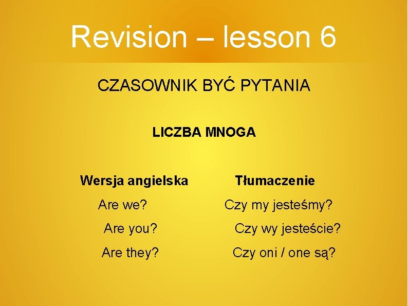 Revision – lesson 6 CZASOWNIK BYĆ PYTANIA LICZBA MNOGA Wersja angielska Are we? Tłumaczenie