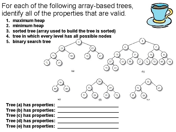 For each of the following array-based trees, identify all of the properties that are