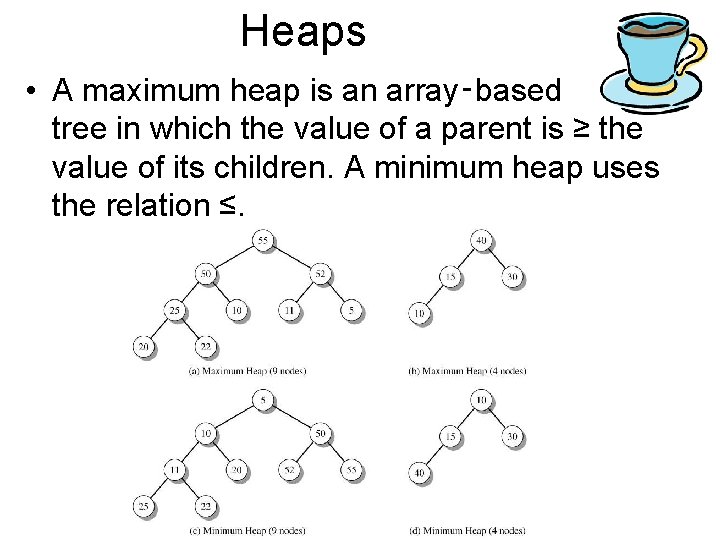 Heaps • A maximum heap is an array‑based tree in which the value of