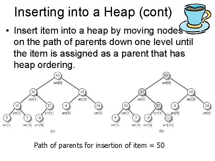 Inserting into a Heap (cont) • Insert item into a heap by moving nodes