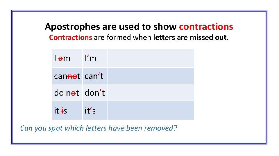 Apostrophes are used to show contractions Contractions are formed when letters are missed out.