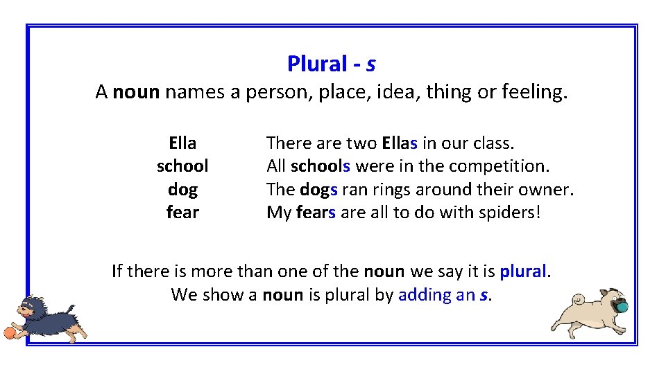 Plural - s A noun names a person, place, idea, thing or feeling. Ella