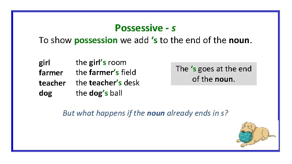 Possessive - s To show possession we add ‘s to the end of the