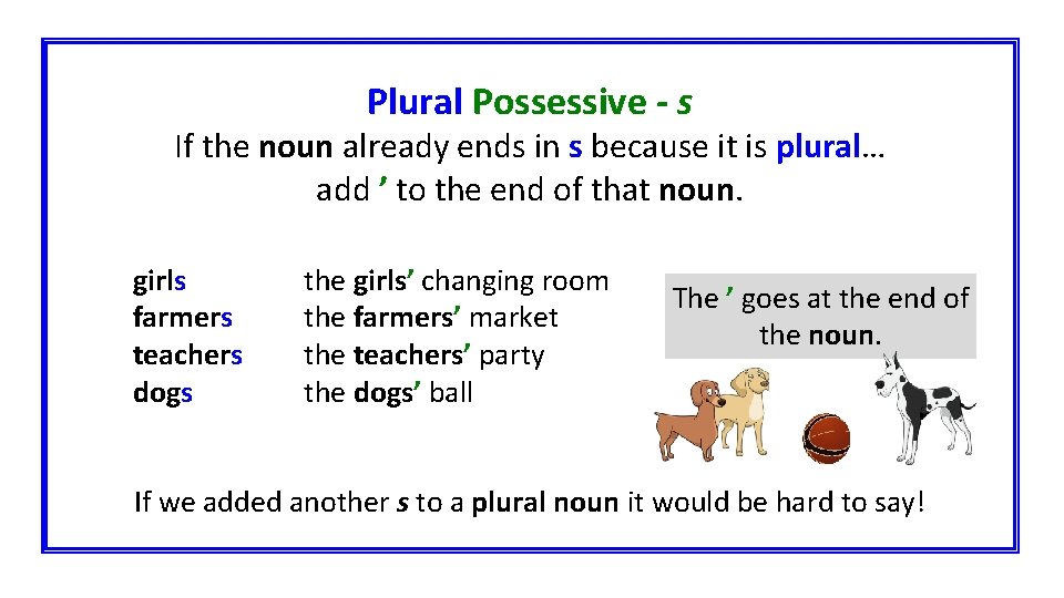 Plural Possessive - s If the noun already ends in s because it is