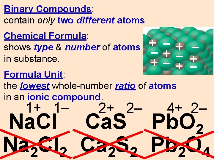 Binary Compounds: contain only two different atoms Chemical Formula: shows type & number of